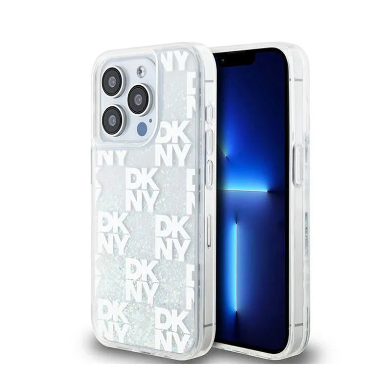 DKNY Dėklas su skystais blizgučiais ir daug logotipų, skirtas iPhone 15 Pro (baltas)