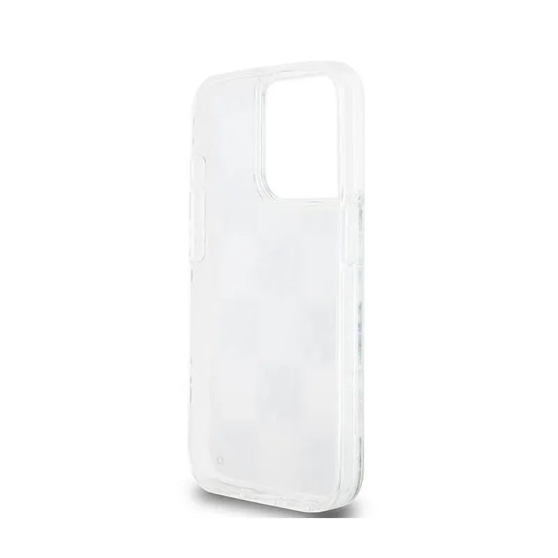 DKNY Dėklas su skystais blizgučiais ir daug logotipų, skirtas iPhone 15 Pro (baltas)