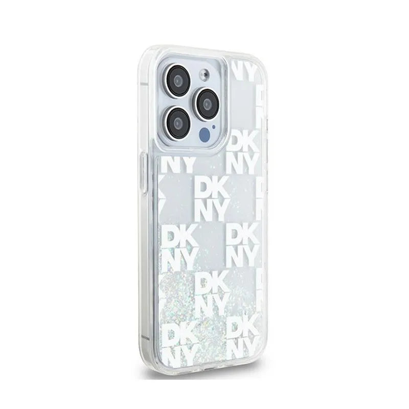 DKNY Dėklas su skystais blizgučiais ir daug logotipų, skirtas iPhone 15 Pro (baltas)