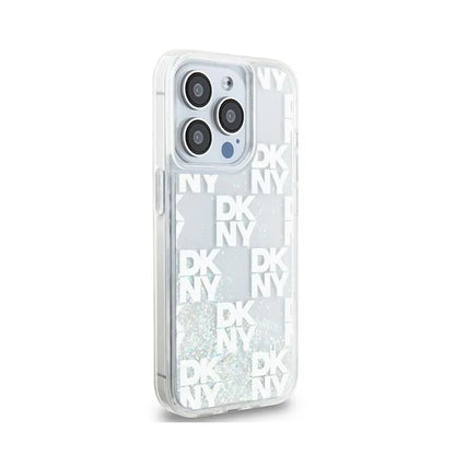 DKNY Dėklas su skystais blizgučiais ir daug logotipų, skirtas iPhone 15 Pro (baltas)