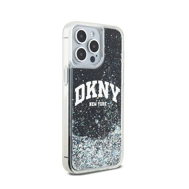 DKNY Dėklas su skystais blizgučiais ir dideliu logotipu, skirtas iPhone 15 Pro Max (juodas)