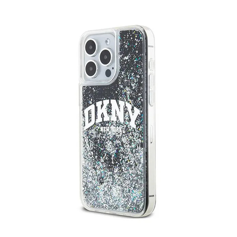 DKNY Dėklas su skystais blizgučiais ir dideliu logotipu, skirtas iPhone 15 Pro Max (juodas)
