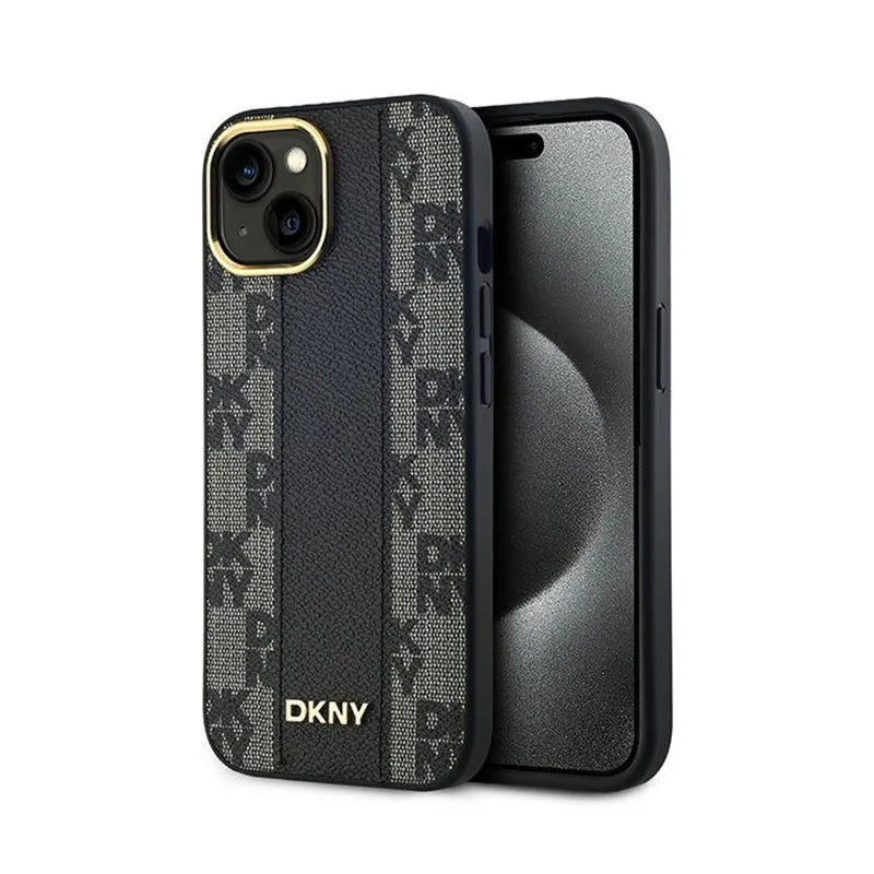 DKNY Leather Checkered Mono Pattern MagSafe – dėklas, skirtas iPhone 15 / 14 / 13 (juodas)