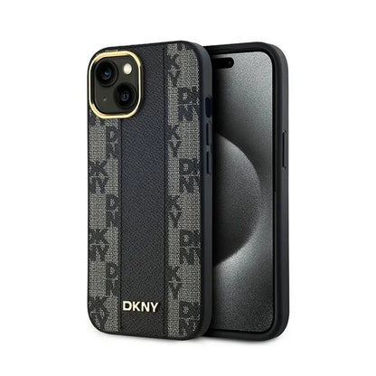 DKNY Leather Checkered Mono Pattern MagSafe – dėklas, skirtas iPhone 15 / 14 / 13 (juodas)