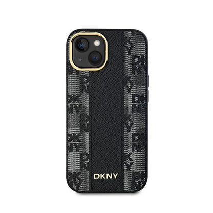 DKNY Leather Checkered Mono Pattern MagSafe – dėklas, skirtas iPhone 15 / 14 / 13 (juodas)