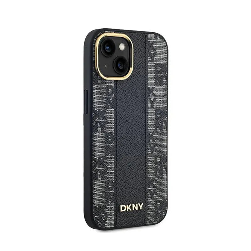 DKNY Leather Checkered Mono Pattern MagSafe – dėklas, skirtas iPhone 15 / 14 / 13 (juodas)