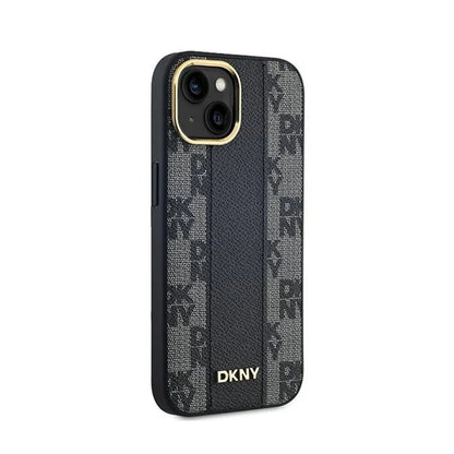 DKNY Leather Checkered Mono Pattern MagSafe – dėklas, skirtas iPhone 15 / 14 / 13 (juodas)