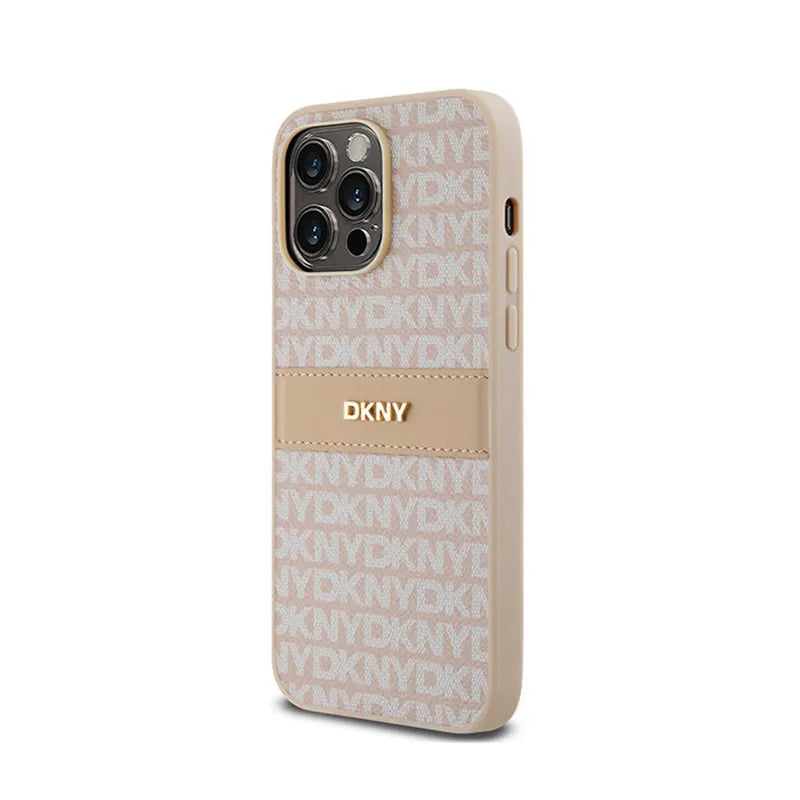 DKNY Leather Mono Stripe & Metal Logo – dėklas iPhone 14 Pro Max (rožinis)
