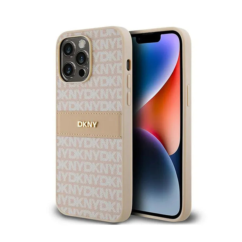 DKNY Leather Mono Stripe & Metal Logo – dėklas iPhone 14 Pro Max (rožinis)