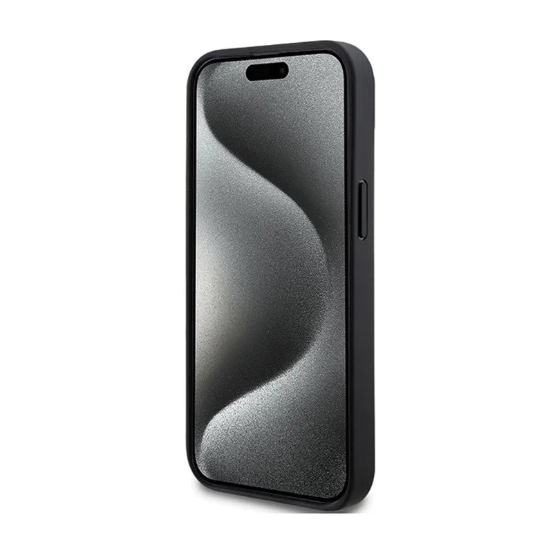 DKNY Leather Mono Stripe & Metal Logo - dėklas iPhone 15 / 14 / 13 (juodas)