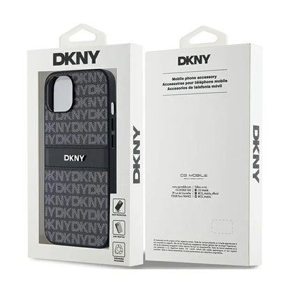 DKNY Leather Mono Stripe & Metal Logo - dėklas iPhone 15 / 14 / 13 (juodas)