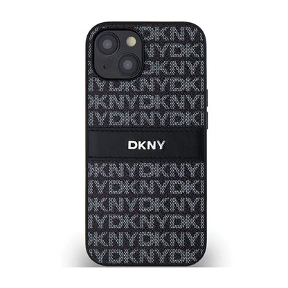 DKNY Leather Mono Stripe & Metal Logo - Dėklas, skirtas iPhone 15 Plus / 14 Plus (juodas)