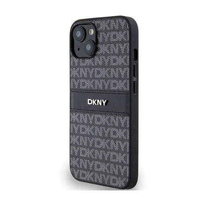 DKNY Leather Mono Stripe & Metal Logo - Dėklas, skirtas iPhone 15 Plus / 14 Plus (juodas)