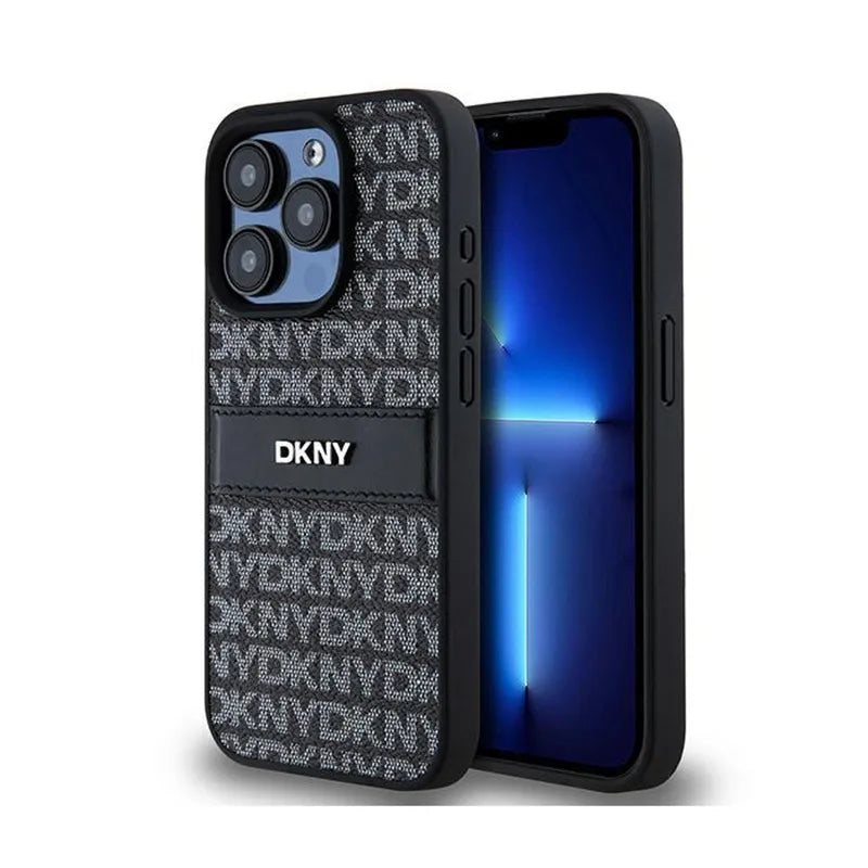 DKNY Leather Mono Stripe & Metal Logo – dėklas, skirtas iPhone 15 Pro Max (juodas)