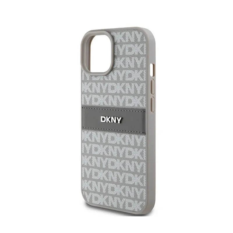 DKNY Leather Mono Stripe & Metal Logo – iPhone 15 Plus / 14 Plus dėklas (smėlio spalvos)