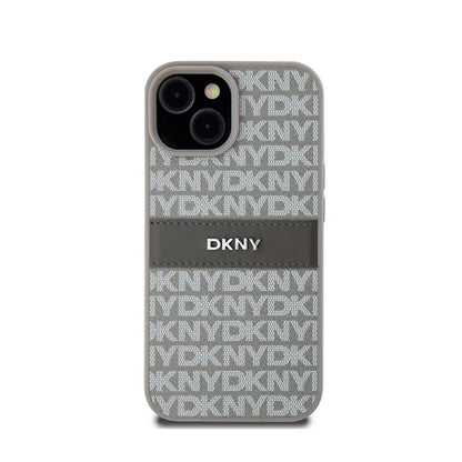 DKNY Leather Mono Stripe & Metal Logo – iPhone 15 Plus / 14 Plus dėklas (smėlio spalvos)
