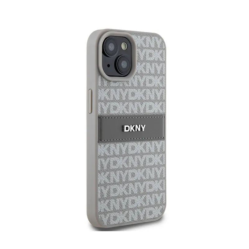 DKNY Leather Mono Stripe & Metal Logo – iPhone 15 Plus / 14 Plus dėklas (smėlio spalvos)