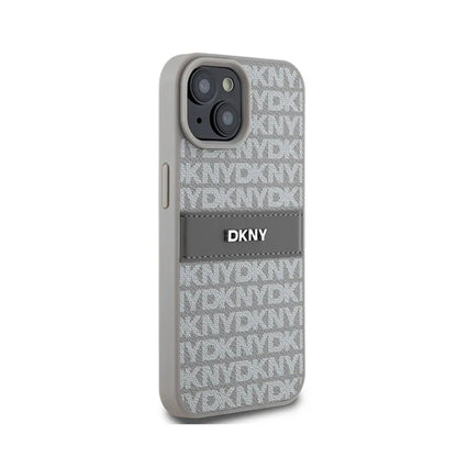 DKNY Leather Mono Stripe & Metal Logo – iPhone 15 Plus / 14 Plus dėklas (smėlio spalvos)