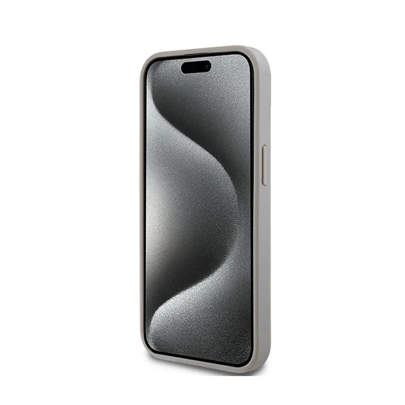 DKNY Leather Mono Stripe & Metal Logo – iPhone 15 Plus / 14 Plus dėklas (smėlio spalvos)