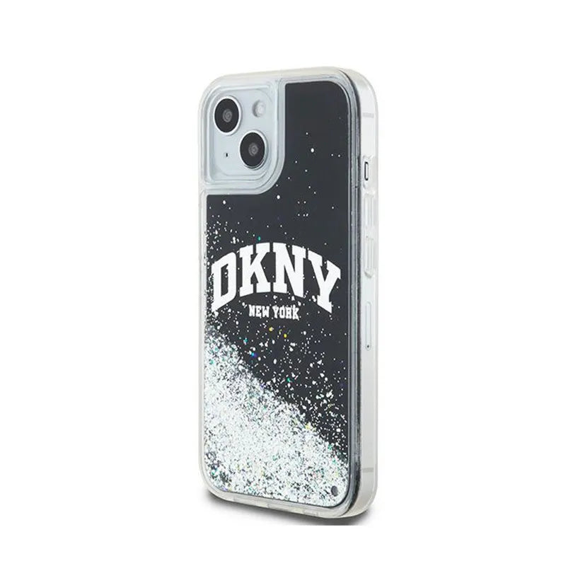 DKNY Liquid Glitter Big Logo – dėklas, skirtas iPhone 15 Plus / 14 Plus (juodas)