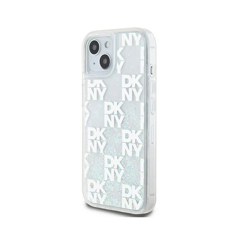 DKNY Liquid Glitter Multilogo – dėklas iPhone 15 / 14 / 13 (baltas)