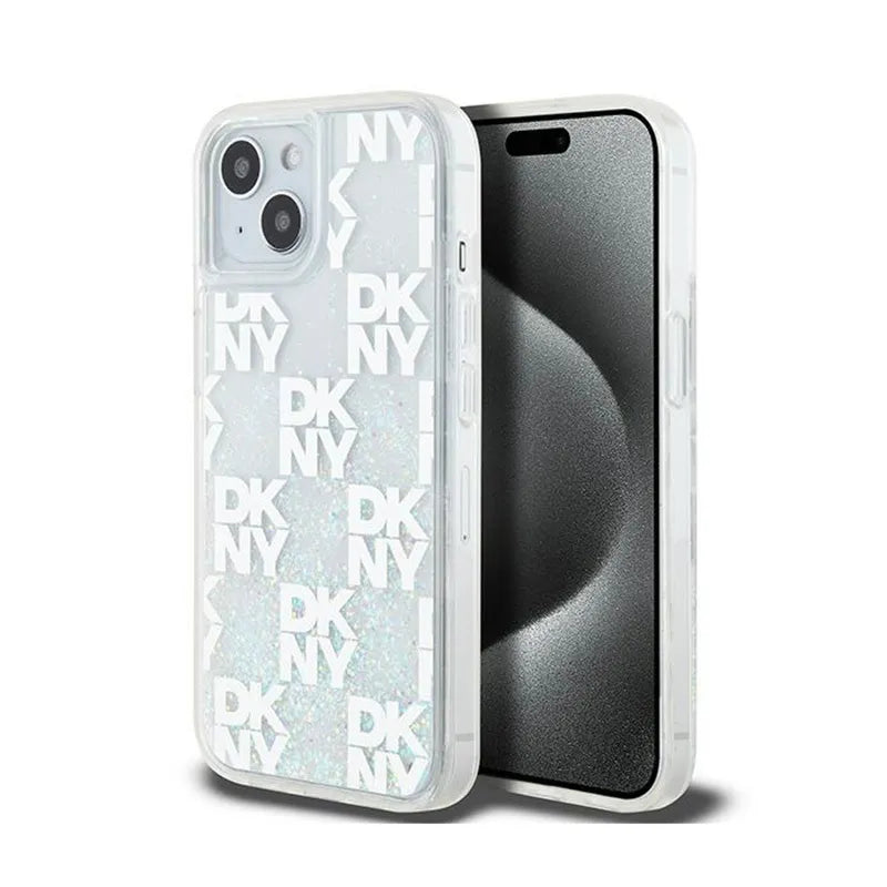 DKNY Liquid Glitter Multilogo – dėklas iPhone 15 / 14 / 13 (baltas)
