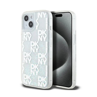 DKNY Liquid Glitter Multilogo – dėklas iPhone 15 / 14 / 13 (baltas)