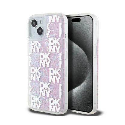 DKNY Liquid Glitter Multilogo – Dėklas iPhone 15 / 14 / 13 (rožinis)