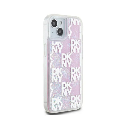 DKNY Liquid Glitter Multilogo – Dėklas iPhone 15 / 14 / 13 (rožinis)