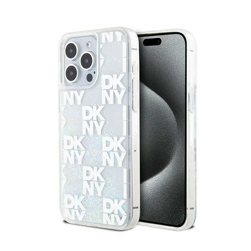 DKNY Liquid Glitter Multilogo – dėklas iPhone 15 Pro Max (baltas)