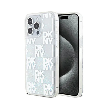 DKNY Liquid Glitter Multilogo – dėklas iPhone 15 Pro Max (baltas)
