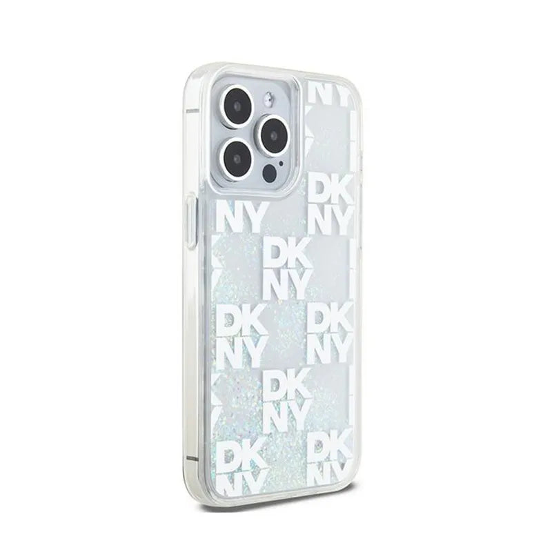 DKNY Liquid Glitter Multilogo – dėklas iPhone 15 Pro Max (baltas)