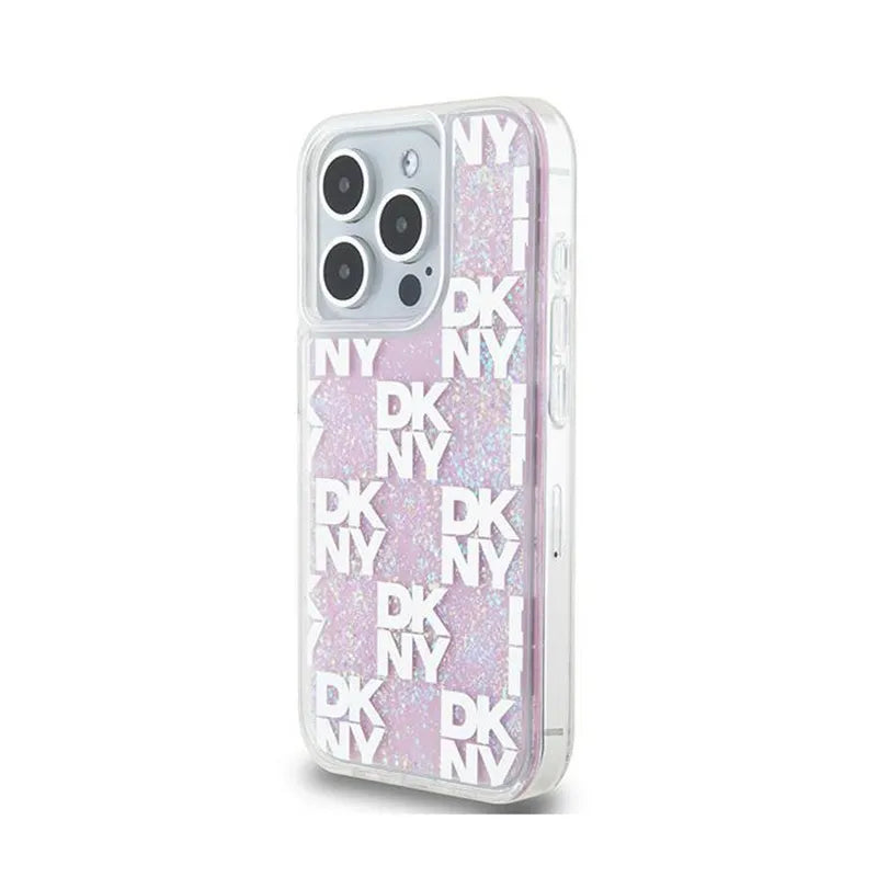 DKNY Liquid Glitter Multilogo – dėklas iPhone 15 Pro (rožinis)
