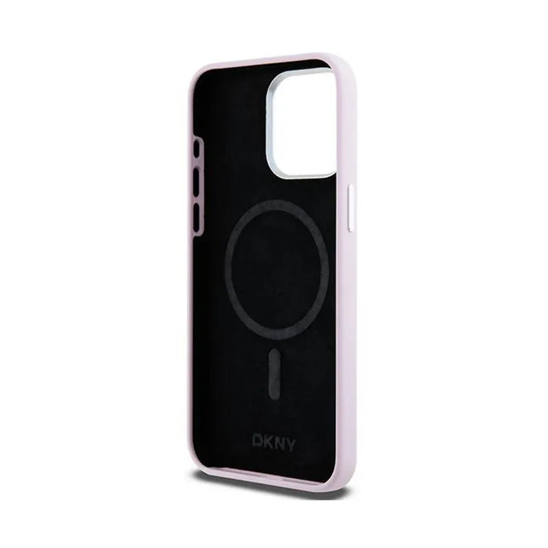 DKNY Liquid Silicone Small Metal Logo MagSafe – dėklas, skirtas iPhone 14 Pro Max (rožinis)