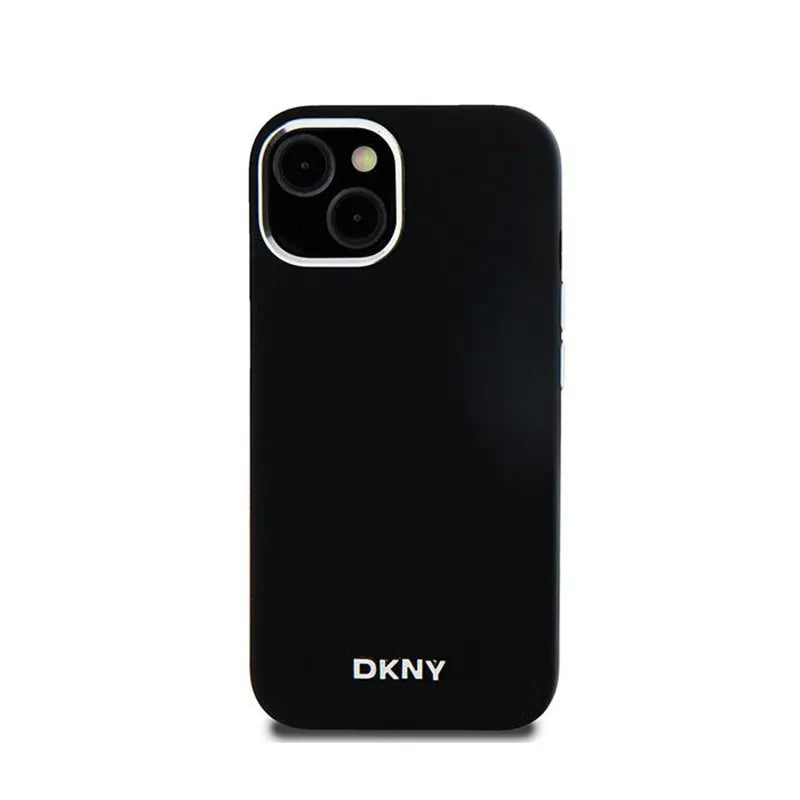 DKNY Liquid Silicone Small Metal Logo MagSafe – dėklas, skirtas iPhone 15 / 14 / 13 (juodas)