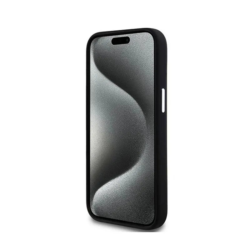 DKNY Liquid Silicone Small Metal Logo MagSafe – dėklas, skirtas iPhone 15 / 14 / 13 (juodas)