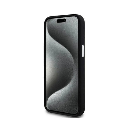 DKNY Liquid Silicone Small Metal Logo MagSafe – dėklas, skirtas iPhone 15 / 14 / 13 (juodas)