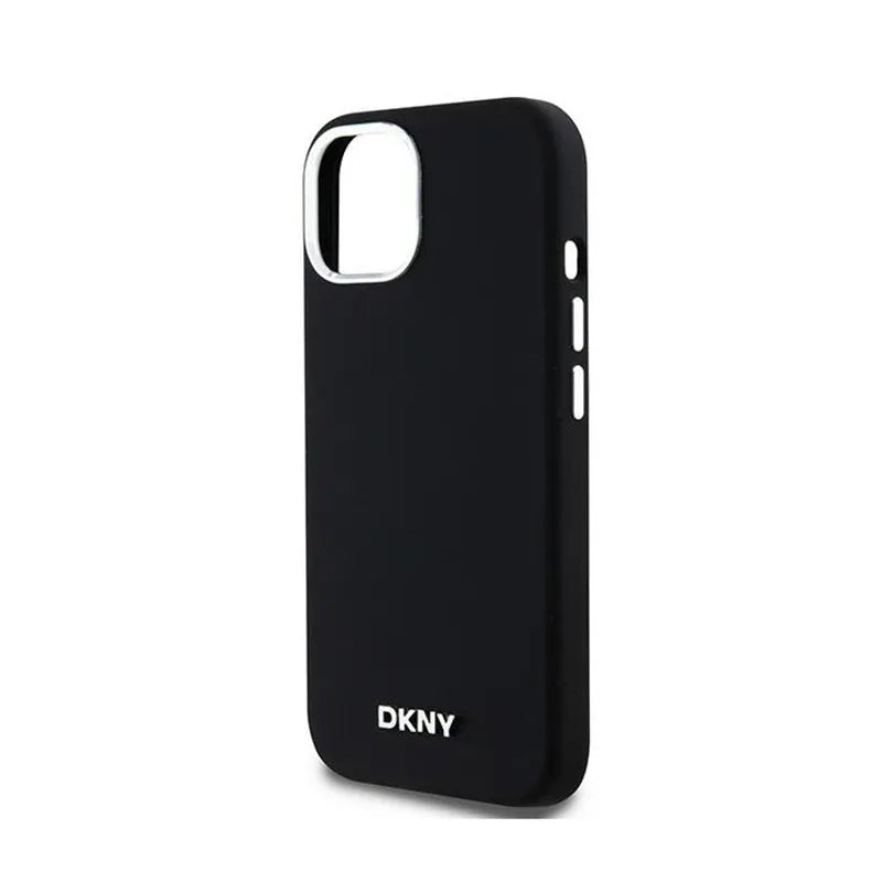 DKNY Liquid Silicone Small Metal Logo MagSafe – Dėklas, skirtas iPhone 15 Plus / 14 Plus (juodas)