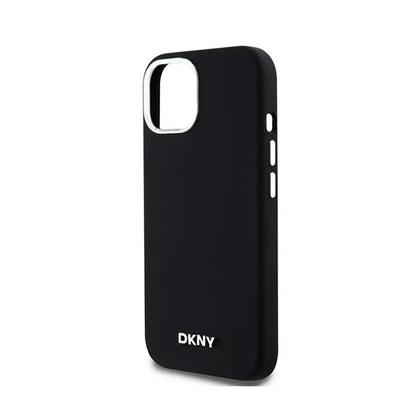 DKNY Liquid Silicone Small Metal Logo MagSafe – Dėklas, skirtas iPhone 15 Plus / 14 Plus (juodas)