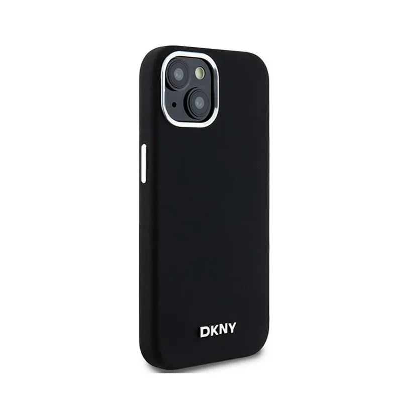 DKNY Liquid Silicone Small Metal Logo MagSafe – Dėklas, skirtas iPhone 15 Plus / 14 Plus (juodas)