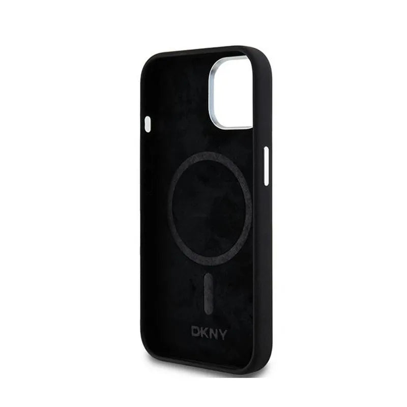 DKNY Liquid Silicone Small Metal Logo MagSafe – Dėklas, skirtas iPhone 15 Plus / 14 Plus (juodas)