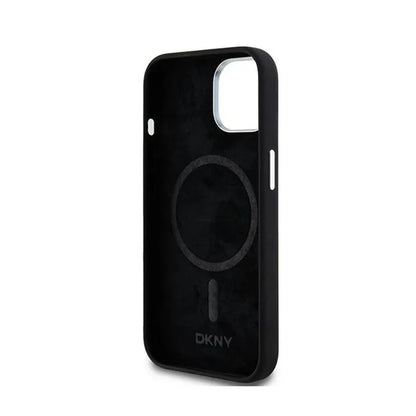 DKNY Liquid Silicone Small Metal Logo MagSafe – Dėklas, skirtas iPhone 15 Plus / 14 Plus (juodas)