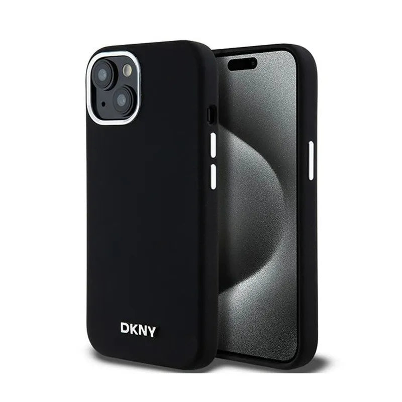 DKNY Liquid Silicone Small Metal Logo MagSafe – Dėklas, skirtas iPhone 15 Plus / 14 Plus (juodas)