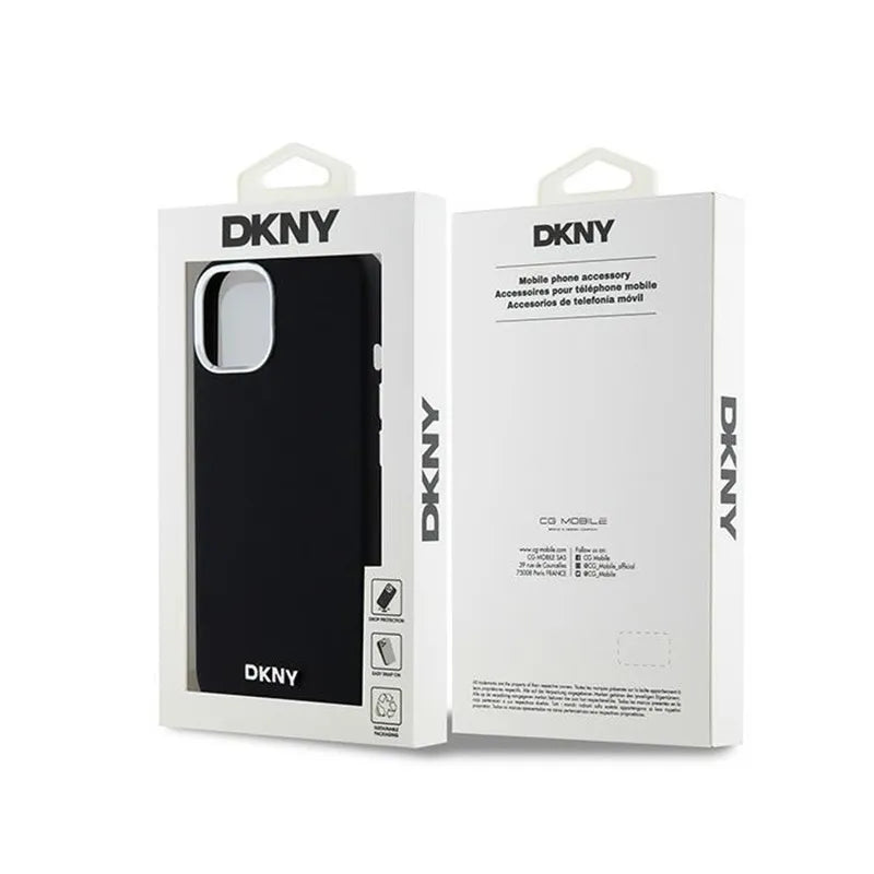 DKNY Liquid Silicone Small Metal Logo MagSafe – Dėklas, skirtas iPhone 15 Plus / 14 Plus (juodas)