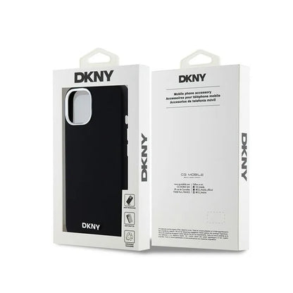 DKNY Liquid Silicone Small Metal Logo MagSafe – Dėklas, skirtas iPhone 15 Plus / 14 Plus (juodas)