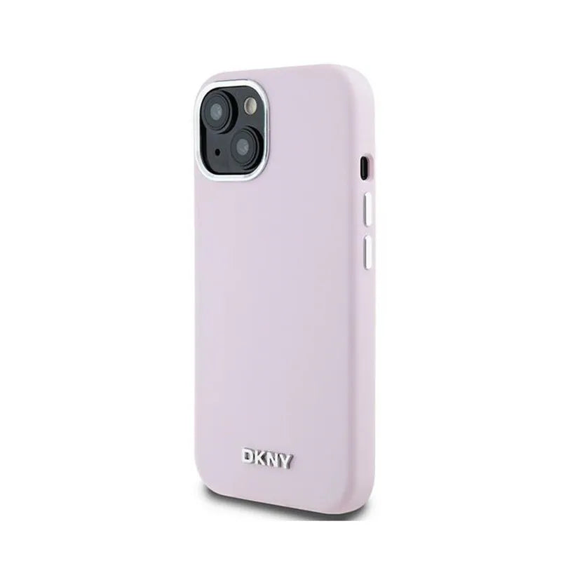 DKNY Liquid Silicone Small Metal Logo MagSafe – dėklas, skirtas iPhone 15 Plus / 14 Plus (rožinė)