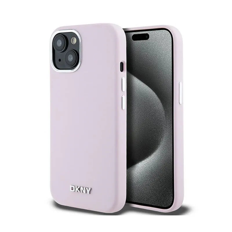DKNY Liquid Silicone Small Metal Logo MagSafe – dėklas, skirtas iPhone 15 Plus / 14 Plus (rožinė)