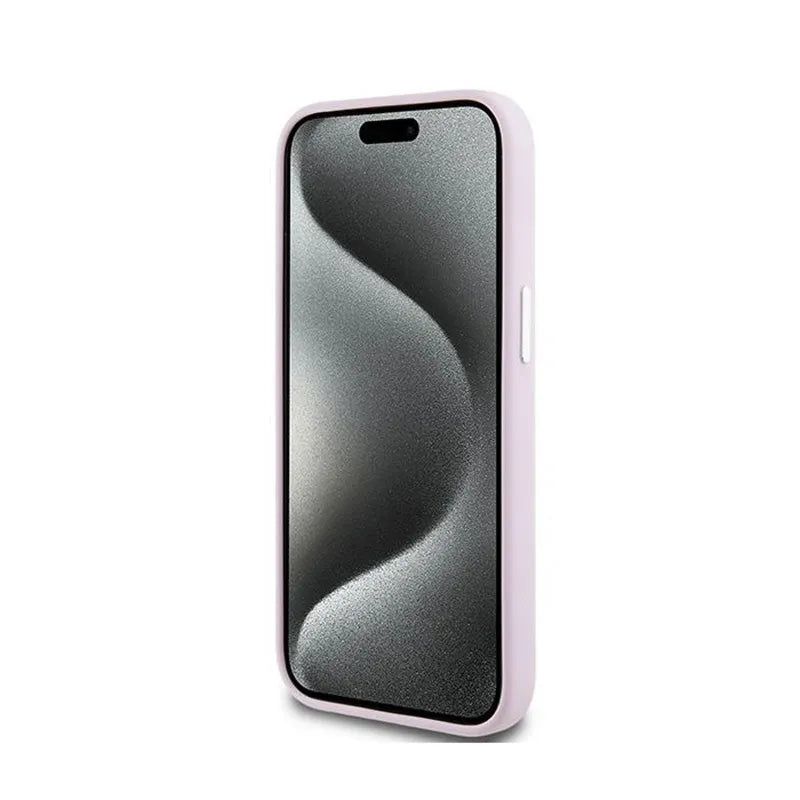 DKNY Liquid Silicone Small Metal Logo MagSafe – dėklas, skirtas iPhone 15 Plus / 14 Plus (rožinė)