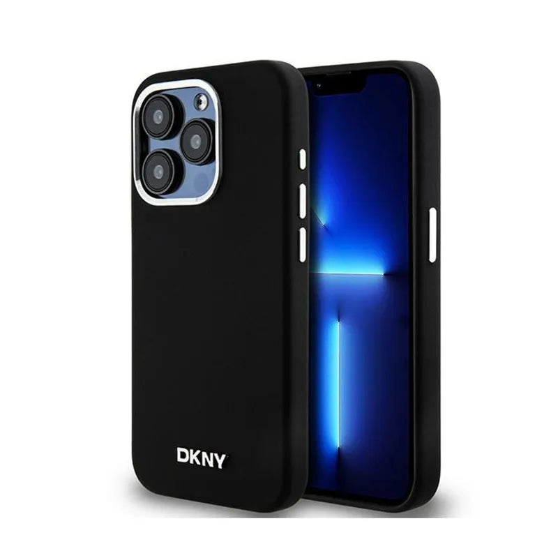 DKNY Liquid Silicone Small Metal Logo MagSafe – dėklas, skirtas iPhone 15 Pro (juodas)