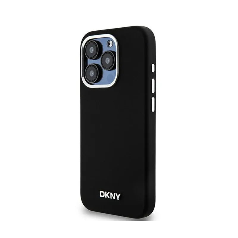 DKNY Liquid Silicone Small Metal Logo MagSafe – dėklas, skirtas iPhone 15 Pro (juodas)